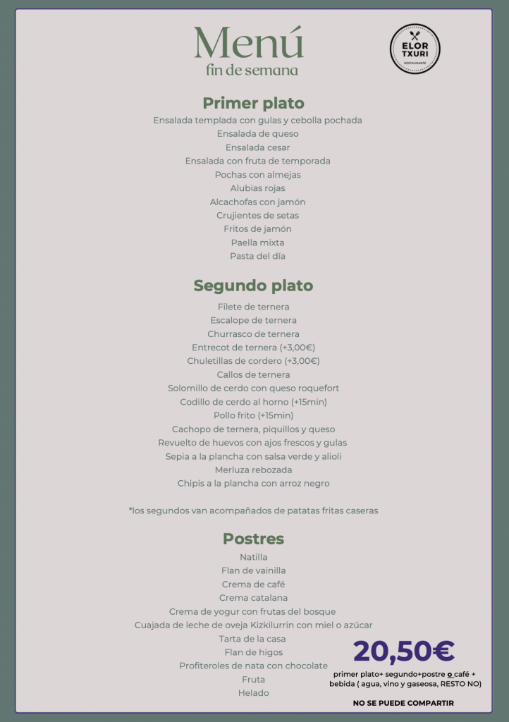 MENÚ FIN DE SEMANA ELOR TXURI